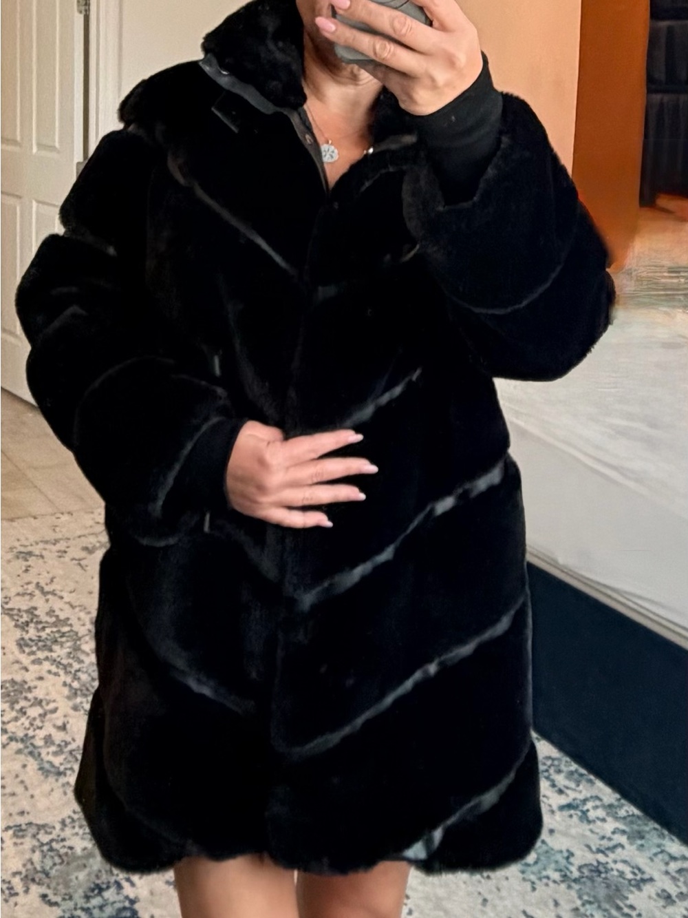 Stella + Lorenzo Black Faux Fur Chevron Coat
